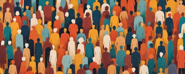 A sea of colorful, faceless figures representing a large crowd gathered together at an outdoor setting, possibly symbolizing diversity or unity in a group - obrazy, fototapety, plakaty