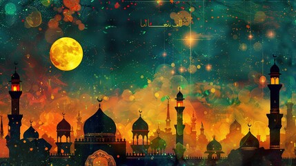 Festive greeting card for Muslim holy month Ramadan Kareem & Eid Mubarak generative ai image - obrazy, fototapety, plakaty