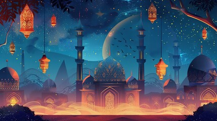 Festive greeting card for Muslim holy month Ramadan Kareem & Eid Mubarak generative ai image - obrazy, fototapety, plakaty