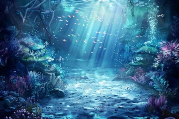 Fototapeta na wymiar Magical fantasy underwater landscape with sea bed, mythical ocean scene illustration