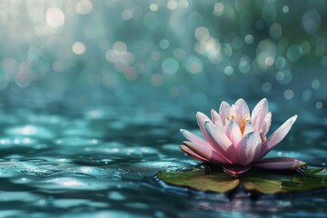 Magic glowing lotus flower on cold blue-green water with leaf and copy space, zen massage therapy background - obrazy, fototapety, plakaty