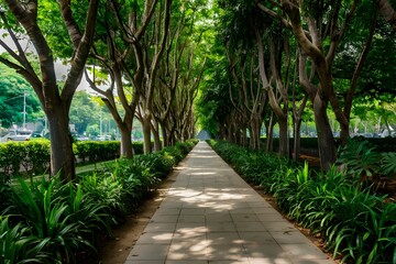 Fototapeta premium Sidewalk in Bangkok park offers a serene escape amidst greenery