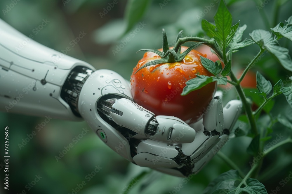Poster a robot hand works on a modern farm. backdrop with selective focus and copy space