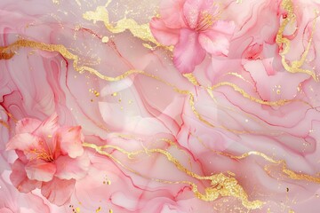 Luxury Pink and Gold Marble Texture with Flowing Ink and Blossom Petals, Abstract Painted Background - Digital Illustration