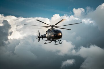 Small helicopter navigates through cloudy skies on its journey