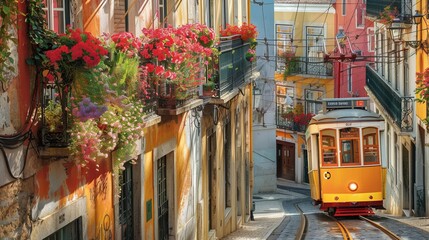 A yellow tram on a street with brightly colored flowers hanging from balconies and yellow houses