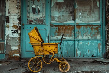 Fototapeta na wymiar Yellow Baby Carriage by Blue Door