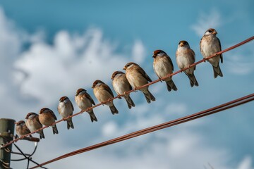 Sparrows perch in a row along electrical wires against sky