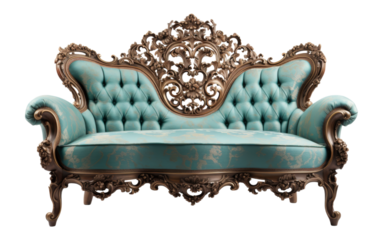 A luxurious blue couch adorned with intricate ornate carvings