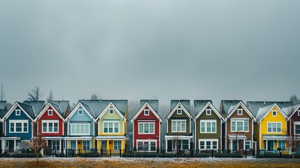 colorful houses lined up with green trees - obrazy, fototapety, plakaty