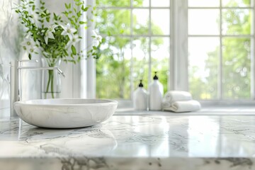 Luxurious White Marble Bathroom Countertop with Copy Space, Blurred Window Background, Interior Design Photography