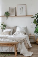 Elegant and cozy Scandinavian bedroom interior with natural decor
