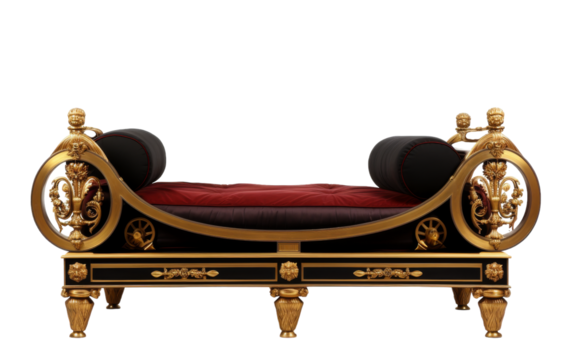 A black and gold bench adorned with a luxurious red cushion