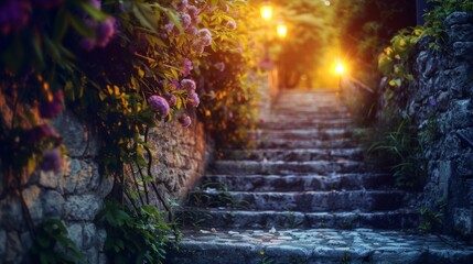 Ancient old medical stair steps with flowers wallpaper background