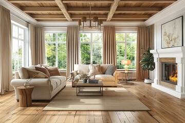 Fototapeta na wymiar Luxurious living room interior with hardwood floors and fireplace in modern home, digital illustration