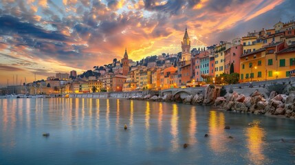 An evening in summer overlooking the historic district of the French Riviera in Menton. - obrazy, fototapety, plakaty
