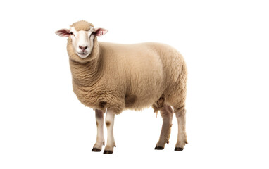 A sheep stands on a white background, looking directly at the camera