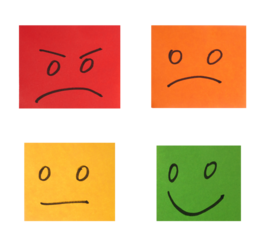 Multi-colored paper stickers with emotions on a white background, evaluation