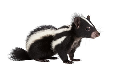 A stylish black and white striped animal calmly seated on a pristine white surface