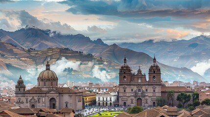 renowned for its historical colonial architecture, which includes views of the Andes mountains from the Plaza Mayor and the Basilica Menor church in Cusco's old town. - obrazy, fototapety, plakaty