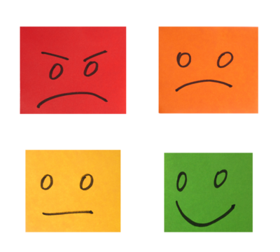 Multi-colored paper stickers with emotions on a white background, evaluation