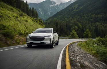 EV (Electric Vehicle) electric car is driving on a winding road that runs through a verdant forest and mountains