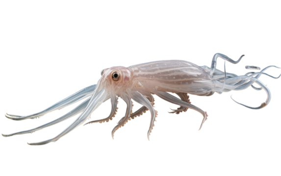 A squid with extraordinarily long legs and a tail swims gracefully through the ocean depths