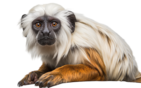 White and brown monkey relaxing on top of white floor