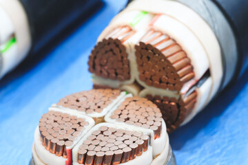 Cross section of high-voltage cable, polymer insulation. Close-up of some high voltage copper cable...