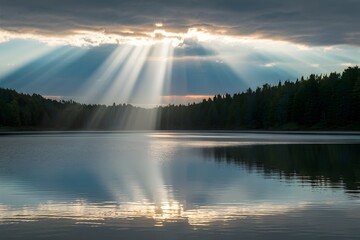 Sunbeam breaks through clouds, casting radiant glow over tranquil lake