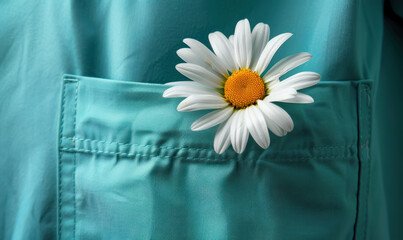 white daisy in teal scrub pocket medical uniform detail، nurse day concept