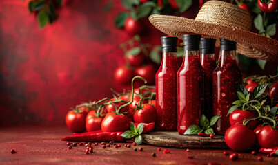 homemade tomato hot sauce in bottles with fresh ingredients on rustic background