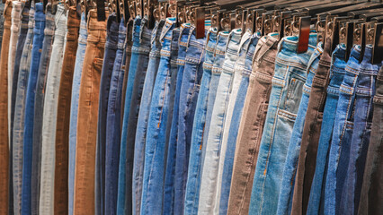 Denim jeans trousers hanging in a store