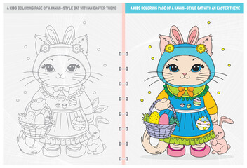 Cute Kawaii kitten print-ready coloring page for children. Black and white line drawing vector illustration. isolated on white background. 