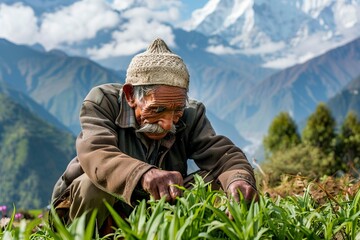 older man working in the field near the village