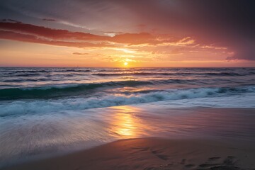 Fototapeta na wymiar Sunset illuminates sandy beach, waves dance on Baltic Sea