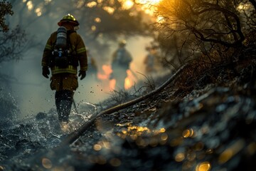 Wildfire emergency: firefighters work to quench fire in forest