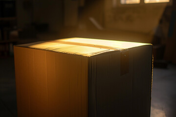 Cardboard box in sunlight in a warehouse - obrazy, fototapety, plakaty