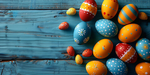 Beautiful colorful easter eggs on blue wooden AI-generated Image