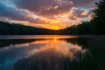 Obraz premium Sunsets golden hues cast magical glow over tranquil lake scene