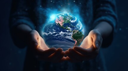 Earth at night was holding in human hands. Earth day. Energy saving concept