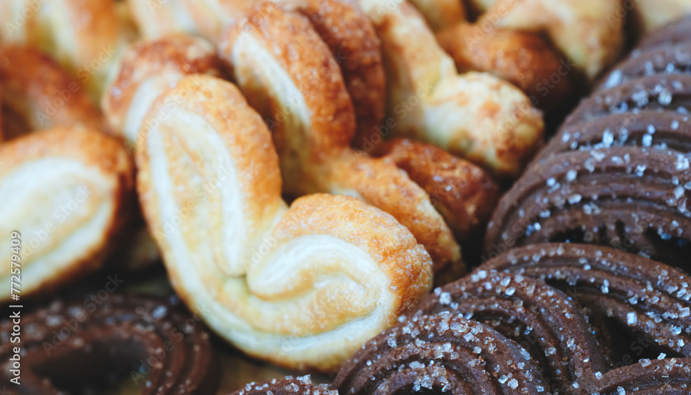 Poster A close up of a bunch of chocolate cookies with sugar sprinkled on top. The cookies are stacked on top of each other, creating a visually appealing and delicious display. Concept of warmth and comfort