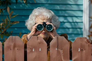 curious old woman looking with binoculars