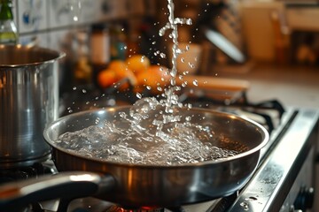 cook sterilizing water in a saucepan in the kitchen - obrazy, fototapety, plakaty