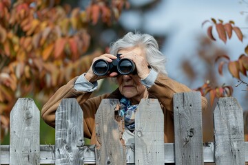 curious old woman looking with binoculars