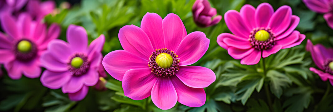 Stunning Close-up Shot of Vibrant Magenta Anemone Flower with Dewdrops Amidst Lush Foliage