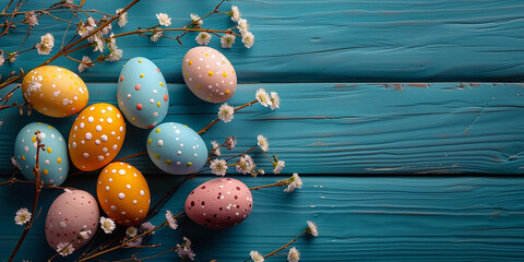 Beautiful colorful easter eggs on blue wooden AI-generated Image