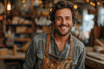 Portrait of a smiling young craftsman in apron at the workshop