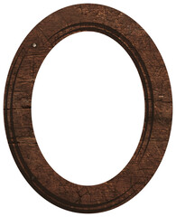 Empty oval wooden frame for paintings and photos on isolated background..