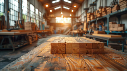 interior of carpentry workshop, blurred background - obrazy, fototapety, plakaty
